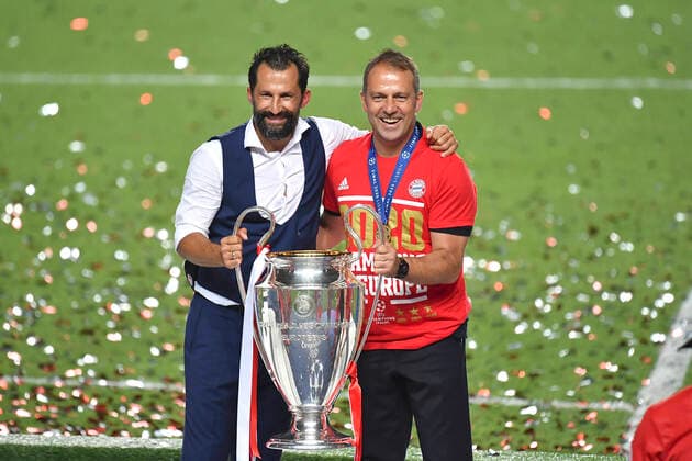 23 08 2020, Final Football UEFA Champions League FC BAYERN MUENCHEN PARIS ST GERMAIN PSG 23 08 2020, UEFA Champions League 2019 2020, Final Tournament, Final in Lisbon, FC BAYERN MUENCHEN PARIS ST GERMAIN PSG , at the Estadio da Luz Lisbon , Champions League Winner Bayern Munich celebrates the title v li Sports Director Hasan Salihamidzic Bayern Munich , Coach Hans Dieter Flick FC Bayern Munich Photographer Frank Hoermann Simon Pool via MIS UEFA REGULATIONS PROHIBIT ANY USE OF PHOTOGRAPHS as IMAGE SEQUENCES and or QUASI VIDEO National and international News Agencies OUT Editorial Use ONLY Lisbon Estadio da Luz de Benfica Portugal Poolfoto Frank Hoermann Pool ,EDITORIAL USE ONLY