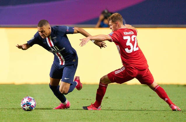 Final Football UEFA Champions League FC BAYERN MUNICH PARIS SAINT GERMAIN PSG 1 0 Lisbon, Lisbon, Portugal, 23rd August 2020 Kylian MBAPPE, PSG 7 compete for the ball, tackling, duel, header, duel, action, fight against Joshua KIMMICH, FCB 32 in the final match UEFA Champions League, final tournament FC BAYERN MUENCHEN PARIS ST GERMAIN PSG 1 0 in season 2019 2020, FCB, photographer Peter Schatz Pool UEFA REGULATIONS PROHIBIT ANY USE OF PHOTOGRAPHS as IMAGE SEQUENCES and or QUASI VIDEO National and international News Agencies OUT Editorial Use ONLY Lisbon Estadio da Luz de Benfica Portugal Poolfoto Peter Schatz ,EDITORIAL USE ONLY
