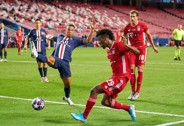 Final Football UEFA Champions League FC BAYERN MUENCHEN PARIS SAINT GERMAIN PSG 1 0 Lisbon, Lisbon, Portugal, 23rd August 2020 Kingsley COMAN, FCB 29 Leon GORETZKA, FCB 18 compete for the ball, tackling, duel, header, duel, action, fight against Thilo KEHRER, PSG 4 in the final match UEFA Champions League, final tournament FC BAYERN MUENCHEN PARIS ST GERMAIN PSG 1 0 in season 2019 2020, FCB, photographer Peter Schatz Pool UEFA REGULATIONS PROHIBIT ANY USE OF PHOTOGRAPHS as IMAGE SEQUENCES and or QUASI VIDEO National and international News Agencies OUT Editorial Use ONLY Lisbon Estadio da Luz de Benfica Portugal Poolfoto Peter Schatz ,EDITORIAL USE ONLY