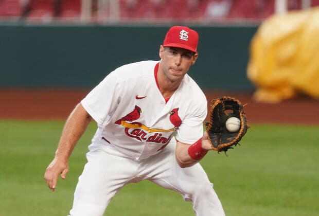 St. Louis Cardinals first baseman Paul Goldschmidt catches a baseball to retire Kansas City Royals batter Whit Merrifield in the first inning at Busch Stadium in St. Louis on Monday, August 24, 2020.  SLP2020082412 BILLxGREENBLATT