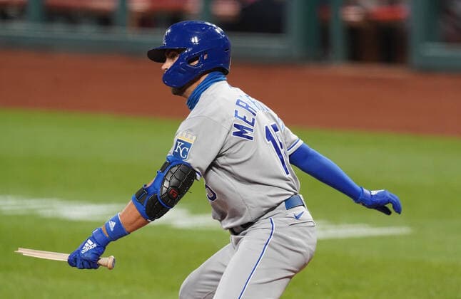Kansas City Royals Whit Merrifield breaks his bat after hitting a foul ball in the third inning against the St. Louis Cardinals at Busch Stadium in St. Louis on Monday, August 24, 2020.  SLP2020082416 BILLxGREENBLATT