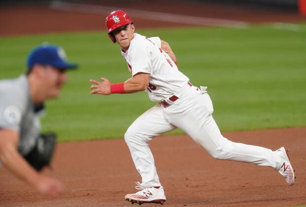 St. Louis Cardinals Tommy Edman runs from first base on a pitch by Kansas City Royals Brad Keller in the first inning at Busch Stadium in St. Louis on Monday, August 24, 2020.  SLP2020082418 BILLxGREENBLATT