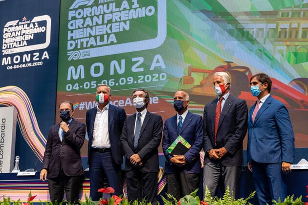Sport Bilder des Tages Angelo Sticchi Damiani, President of ACI (Automobile Club Italia) with Giovanni Malago, President of the Italian National Olympic Committee (CONI) and member of the International Olympic Committee, Geronimo La Russa, President of Automobile club Milano, Attilio Fontana, President of Regione Lombardia, Giuseppe Redaelli, President of SIAS and Dario Allevi, Mayor of Monza and former President of the Province of Monza and Brianza during F1 Grand Prix Heineken of Italy press conference, PK, Pressekonferenz Formula 1 Championship in Milan, Italy, August 27 2020  Copyright: xLM FrancescoxScaccianocex xIPAx xLivexMediax 0