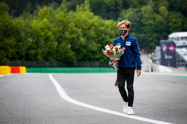 Motorsports FIA Formula One World Championship 2020, Grand Prix of Belgium, 10 Pierre Gasly FRA, Scuderia AlphaTauri Honda with flowers in memory of Anthoine Hubert FRA , who died during an F2 accident in 2019 Spa Francorchamps Belgium