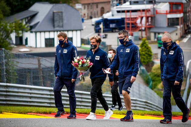 Motorsports FIA Formula One World Championship 2020, Grand Prix of Belgium, 10 Pierre Gasly FRA, Scuderia AlphaTauri Honda with flowers in memory of Anthoine Hubert FRA , who died during an F2 accident in 2019 Spa Francorchamps Belgium