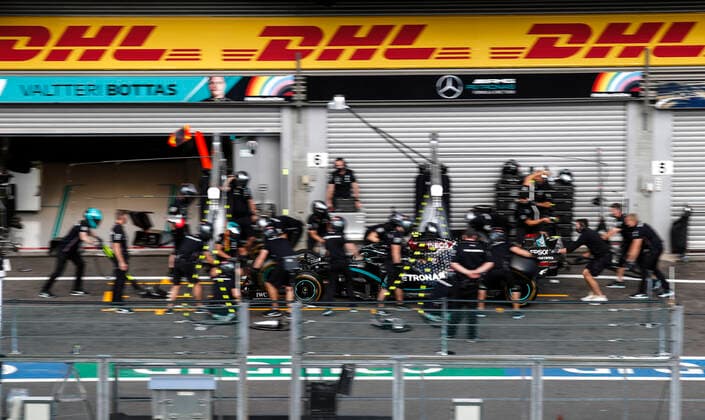 Motorsports FIA Formula One World Championship 2020, Grand Prix of Belgium, Mechanic of Mercedes AMG Petronas Formula One Team during pitstop practice Spa Francorchamps Belgium