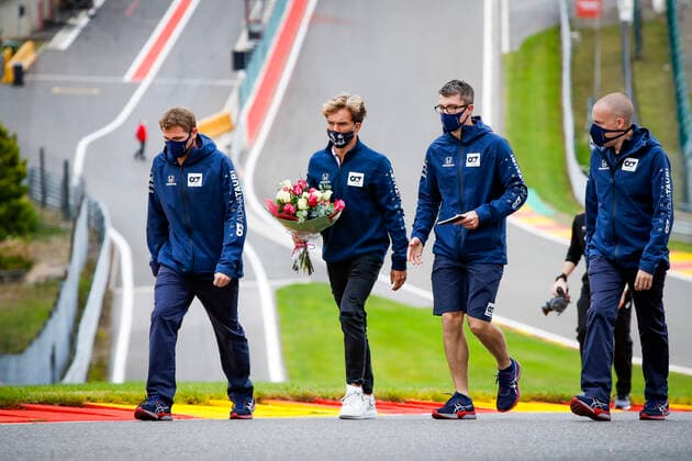 Motorsports FIA Formula One World Championship 2020, Grand Prix of Belgium, 10 Pierre Gasly FRA, Scuderia AlphaTauri Honda with flowers in memory of Anthoine Hubert FRA , who died during an F2 accident in 2019 Spa Francorchamps Belgium