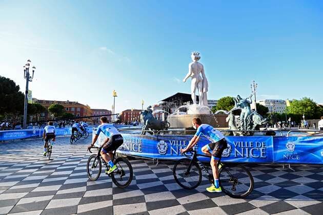 NICE, FRANCE - AUGUST 27 : ISRAEL START - UP NATION during the official team presentation prior to the 107th edition of the 2020 Tour de France cycling race on August 27, 2020 in Nice, France, 27 08 2020 ( Motordriver Marnik Vansevenant - Photo by Vincent Kalut Photo News CYCLISME : Tour De France 2020 - 27 08 2020 PHOTONEWS PANORAMIC 