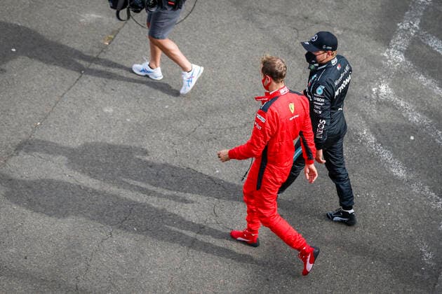 Motorsports FIA Formula One World Championship 2020, Grand Prix of Belgium, 5 Sebastian Vettel GER, Scuderia Ferrari Mission Winnow , 77 Valtteri Bottas FIN, Mercedes AMG Petronas Formula One Team , Spa Francorchamps Belgium