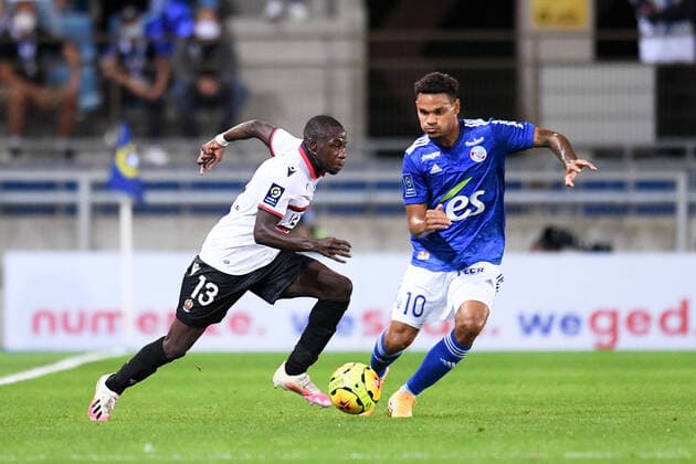 13 HASSANE KAMARA (NICE) - 10 KENNY LALA (STRA) FOOTBALL : Strasbourg vs Nice - Ligue 1 Uber Eats - 29 08 2020 FEP Panoramic 