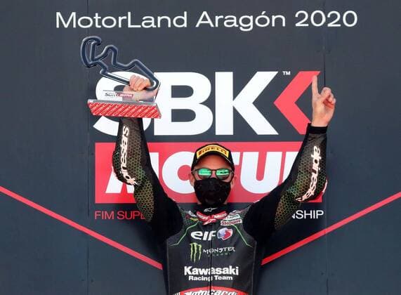 Bilder des Jahres 2020, Sport 08 August Sport Themen der Woche KW35 Sport Bilder des Tages British Superbike rider Jonathan Rea celebrates after winning the Superbikes race held at Motorland circuit in Alcaniz, Spain, 30 August 2020. WSBK Race !ACHTUNG: NUR REDAKTIONELLE NUTZUNG!  Copyright: xJavierxCebolladax GRAF7202 20200830-637343986170951291