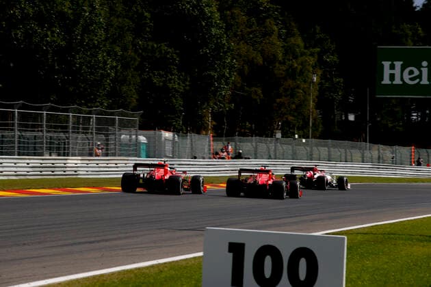 Motorsports FIA Formula One World Championship 2020, Grand Prix of Belgium, 16 Charles Leclerc MCO, Scuderia Ferrari Mission Winnow , 5 Sebastian Vettel GER, Scuderia Ferrari Mission Winnow , 7 Kimi Raikkonen FIN, Alfa Romeo Racing ORLEN , Spa Francorchamps Belgium