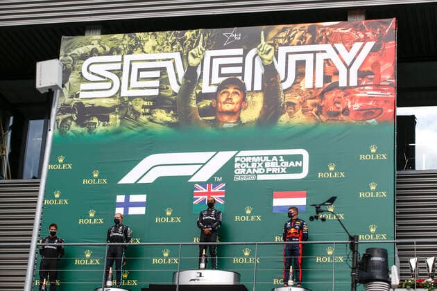 Motorsports FIA Formula One World Championship 2020, Grand Prix of Belgium, 77 Valtteri Bottas FIN, Mercedes AMG Petronas Formula One Team , 44 Lewis Hamilton GBR, Mercedes AMG Petronas Formula One Team , 33 Max Verstappen NLD, Aston Martin Red Bull Racing , Spa Francorchamps Belgium