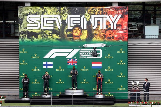FORMULA 1 ROLEX BELGIAN GRAND PRIX 2020 30 08 2020, Circuit de Spa Francorchamps, Spa Franchorchamps, FORMULA 1 ROLEX BELGIAN GRAND PRIX 2020 , in the picture podium winner Lewis Hamilton GB 44 , Mercedes AMG Petronas F1 Team, 2 place for Valtteri Bottas FIN 77 , Mercedes AMG Petronas F1 Team, 3 place for Max Verstappen NEL 33 , Aston Martin Red Bull Racing nordphotoxBratic nph00250