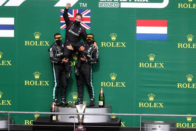 FORMULA 1 ROLEX BELGIAN GRAND PRIX 2020 30 08 2020, Circuit de Spa Francorchamps, Spa Franchorchamps, FORMULA 1 ROLEX BELGIAN GRAND PRIX 2020 , in the picture podium winner Lewis Hamilton GB 44 , Mercedes AMG Petronas F1 Team, 2 place for Valtteri Bottas FIN 77 , Mercedes AMG Petronas F1 Team nordphotoxBratic nph00250