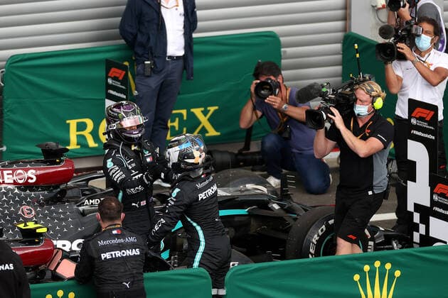 FORMULA 1 ROLEX BELGIAN GRAND PRIX 2020 30 08 2020, Circuit de Spa Francorchamps, Spa Franchorchamps, FORMULA 1 ROLEX BELGIAN GRAND PRIX 2020 , in the picture winner Lewis Hamilton GB 44 , Mercedes AMG Petronas F1 Team congratulates his teammate Valtteri Bottas FIN 77 , Mercedes AMG Petronas F1 Team for the second place nordphotoxBratic nph00250