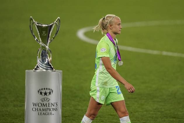 SAN SEBASTIAN, SPAIN, AUG 30: Pernille Harder of VfL Wolfsburg with losers medal passed trophy after Lyon win the UEFA Women?s Champions League football match (Final) between VfL Wolfsburg and Olympique Lyonnais 3-1 Daniela Porcelli SPP VfL Wolfsburg v Olympique Lyonnais 