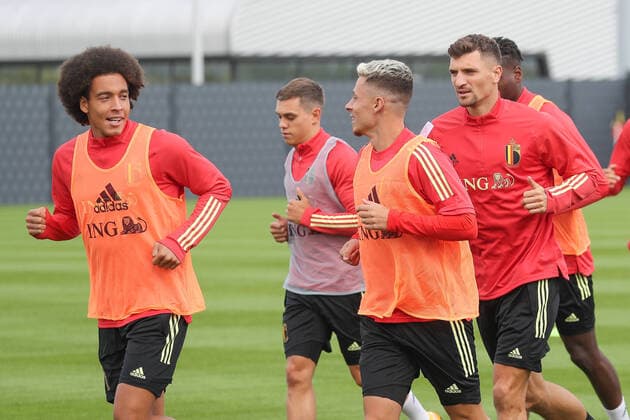 Fußball, Nationalteam Belgien Training Belgium s Axel Witsel, Belgium s Thorgan Hazard and Belgium s Thomas Meunier pictured during a training session of Belgian national soccer team the Red Devils, Wednesday 02 September 2020 in Tubize. The team is preparing for the Nations League international competition. BRUNOxFAHY  x05850363x
