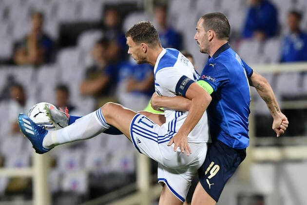 Fußball, Nations League, Italien - Bosnien-Herzegowina Db Firenze 04 09 2020 - Uefa Nations League Italia-Bosnia Erzegovina foto Daniele Buffa Image nella foto: Edin Dzeko-Leonardo Bonucci 