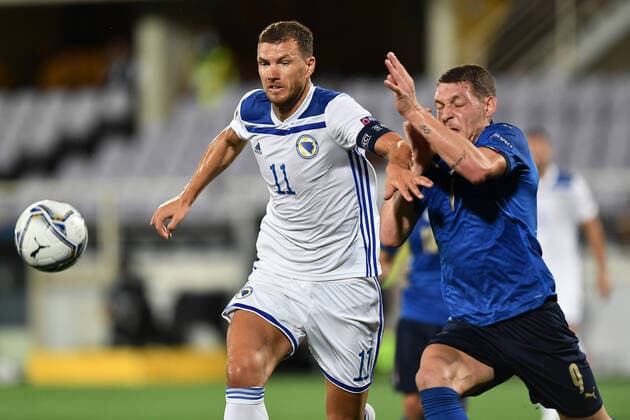 Fußball, Nations League, Italien - Bosnien-Herzegowina Db Firenze 04 09 2020 - Uefa Nations League Italia-Bosnia Erzegovina foto Daniele Buffa Image nella foto: Edin Dzeko-Andrea Belotti 