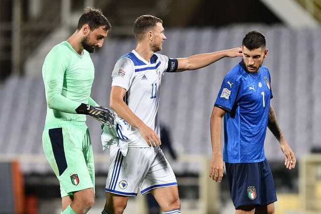 Fußball, Nations League, Italien - Bosnien-Herzegowina Db Firenze 04 09 2020 - Uefa Nations League Italia-Bosnia Erzegovina foto Daniele Buffa Image nella foto: Gianluigi Donnarumma-Lorenzo Pellegrini-Edin Dzeko 