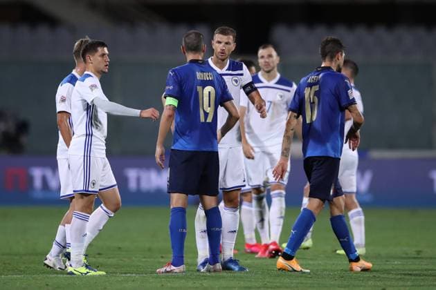 Leonardo Bonucci of Italy Edin Dzeko of Bosnia and Herzegovina pictured after the final; whistle of the UEFA Nations League match at Stadio Artemio Franchi, Florence. Picture date: 4th September 2020. Picture credit should read: Jonathan Moscrop Sportimage EDITORIAL USE ONLY. No use with unauthorised audio, video, data, fixture lists, club league logos or live services. Online in-match use limited to 120 images, no video emulation. No use in betting, games or single club league player publications. SPI-0644-0018