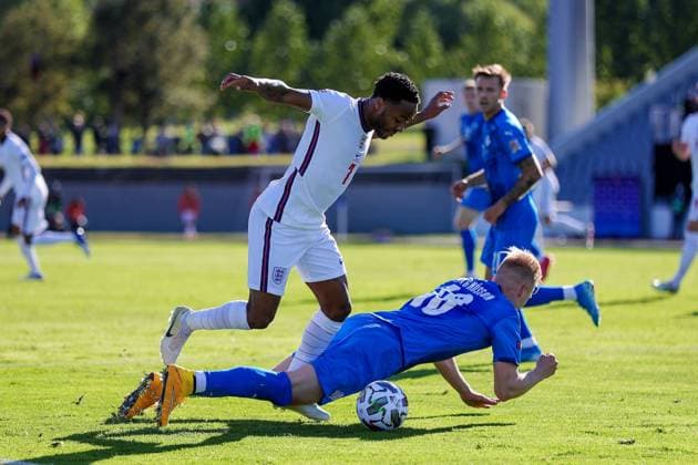 Iceland v England UEFA Nations League 05 09 2020. England midfielder Raheem Sterling (7) is tackled by Iceland defender Hordur Magnusson (18) during the UEFA Nations League match between Iceland and England at Laugardalsvollur, Reykjavik, Iceland on 5 September 2020. Editorial use only , Copyright: xNigelxKeenex PSI-10412-0015