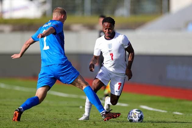 Iceland v England UEFA Nations League 05 09 2020. England midfielder Raheem Sterling (7) challenged by Iceland defender Hjortur Hermannsson (2) during the UEFA Nations League match between Iceland and England at Laugardalsvollur, Reykjavik, Iceland on 5 September 2020. Editorial use only , Copyright: xNigelxKeenex PSI-10412-0023
