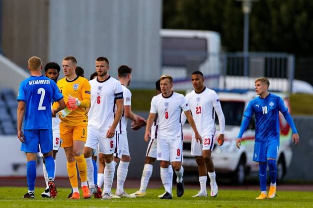 Iceland v England UEFA Nations League 05 09 2020. England goalkeeper Jordan Pickford (1) at full time during the UEFA Nations League match between Iceland and England at Laugardalsvollur, Reykjavik, Iceland on 5 September 2020. Editorial use only , Copyright: xNigelxKeenex PSI-10412-0033