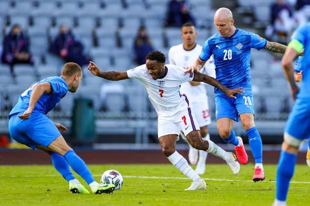 Iceland v England UEFA Nations League 05 09 2020. England midfielder Raheem Sterling (7) is challenged by Iceland defender Sverrir Ingason (5) during the UEFA Nations League match between Iceland and England at Laugardalsvollur, Reykjavik, Iceland on 5 September 2020. Editorial use only , Copyright: xNigelxKeenex PSI-10412-0044