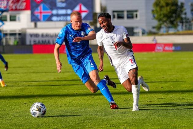 Iceland v England UEFA Nations League 05 09 2020. England midfielder Raheem Sterling (7) goes past Iceland defender Hjortur Hermannsson (2) during the UEFA Nations League match between Iceland and England at Laugardalsvollur, Reykjavik, Iceland on 5 September 2020. Editorial use only , Copyright: xNigelxKeenex PSI-10412-0047