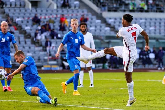 Iceland v England UEFA Nations League 05 09 2020. England midfielder Raheem Sterling (7) shoots towards the goal and Iceland defender Sverrir Ingason stops the ball with his arm for a penalty during the UEFA Nations League match between Iceland and England at Laugardalsvollur, Reykjavik, Iceland on 5 September 2020. Editorial use only , Copyright: xNigelxKeenex PSI-10412-0050