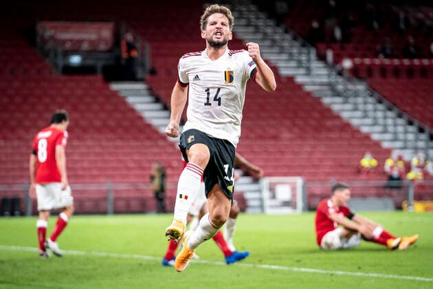 Sport Bilder des Tages Belgium s Dries Mertens celebrates after scoring the 0-2 goal during a game between the Danish national soccer team and the Belgian Red Devils, Saturday 05 September 2020, at the Parken stadium in Copenhagen, Denmark, the first game in the Uefa Nations League competition. MADSxCLAUSxRASMUSSEN  x2538825x
