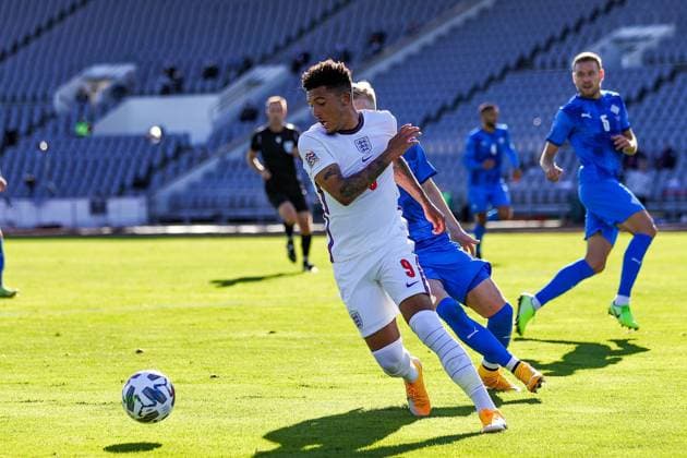 Iceland v England UEFA Nations League 05 09 2020. England forward Jadon Sancho (9) on the ball during the UEFA Nations League match between Iceland and England at Laugardalsvollur, Reykjavik, Iceland on 5 September 2020. Editorial use only , Copyright: xNigelxKeenex PSI-10412-0063