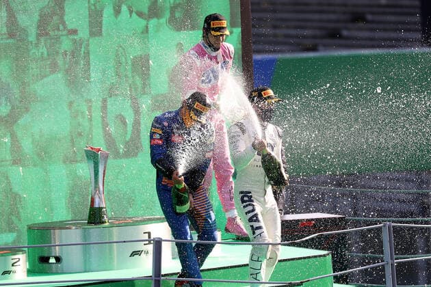 FORMULA 1 GRAN PREMIO HEINEKEN D ITALIA 2020 06 09 2020, Autodromo Nazionale di Monza, Monza, FORMULA 1 GRAN PREMIO HEINEKEN D ITALIA 2020 , in the picture podium winner Pierre Gasly FRA 10 , Scuderia AlphaTauri Honda, 2 place for Carlos Sainz Jr SPA 55 , McLaren F1 Team, 3 place for Lance Stroll CAN 18 , BWT Racing Point F1 Team nordphotoxBratic nph00250