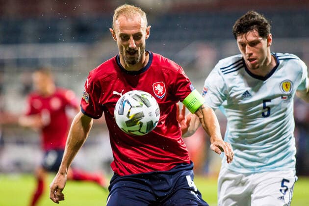 L-R Roman Hubnik (CZE) and Scott McKenna (GB-SCT) in action during the B2 Group UEFA Nations League match Czech vs Scotland, in Olomouc, Czech Republic, on Monday, September 7, 2020. (CTKxPhoto JaroslavxSvoboda) CTKPhotoP202009070868901 SVO 6