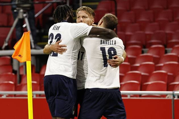 (L to R) Moise Kean of Italy, Ciro Immobile of Italy, Nicolo Barella of Italy celebrate the 0-1 during the UEFA Nations League A group 1 qualifying match between the Netherlands and Italy at the Johan Cruyff Arena on September 07, 2020 in Amsterdam, The Netherlands. ANP MAURICE VAN STEEN xVIxANPxSportx xxANPxIVx 422456385