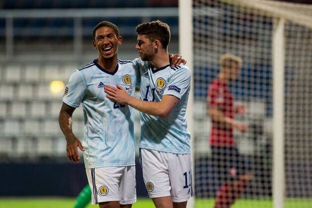 L-R Liam Palmer and Ryan Christie (GB-SCT) celebrate during the B2 Group UEFA Nations League match Czech vs Scotland, in Olomouc, Czech Republic, on Monday, September 7, 2020. (CTKxPhoto JaroslavxSvoboda) CTKPhotoP202009070928001 SVO 20