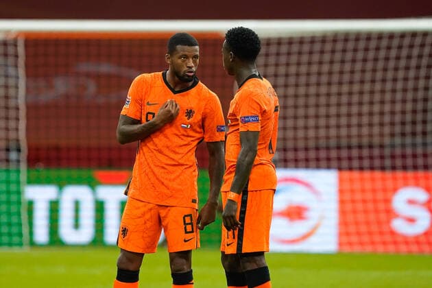 Georginio Wijnaldum (NED) with Quincy Promes (NED) of the Netherlands during Uefa Nations League Netherlands-Italy on September, 7 2020 in the Johan Cruijff Arena in Amsterdam, Netherlands. Photo by SCS Sander Chamid AFLO (HOLLAND OUT) Noxthirdxpartyxsales,xHOLLANDxOUT  (143713537)