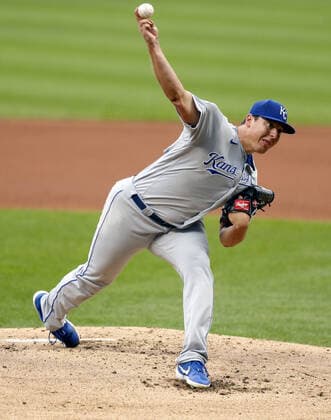 Kansas City Royals Brad Keller (56) pitches in the first inning against the Cleveland Indians at Progressive Field in Cleveland, Ohio on Monday, September 7, 2020.  CLE20200907105 AARONxJOSEFCZYK