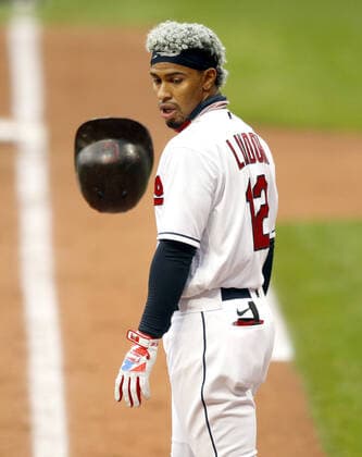 Cleveland Indians Francisco Lindor (12) throws his helmet after striking out during the first inning against the Kansas City Royals at Progressive Field in Cleveland, Ohio on Monday, September 7, 2020.  CLE20200907199 AARONxJOSEFCZYK