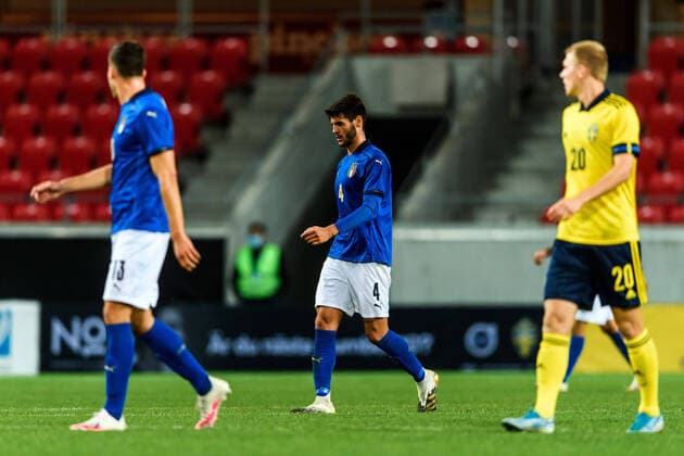 200908 Marco Carraro of Italy looks dejected during the UEFA European Under 21 Qualifier football match between Sweden and Italy on September 8, 2020 in Kalmar Photo Petter Arvidson BILDBYRAN kod PA PA0058 euro under 21 qualifier depp,  Copyright: PETTERxARVIDSON BB200908PA070