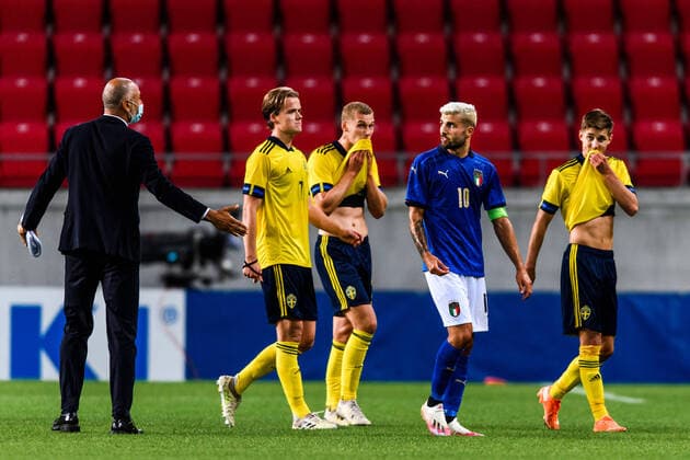 200908 Patrick Cutrone of Italy looks dejected after the UEFA European Under 21 Qualifier football match between Sweden and Italy on September 8, 2020 in Kalmar Photo Petter Arvidson BILDBYRAN kod PA PA0058 fotball football fotboll soccer european under 21 qualifier em kval u21 sverige sweden italien italy uefa euro under 21 qualifier depp,  Copyright: PETTERxARVIDSON BB200908PA072