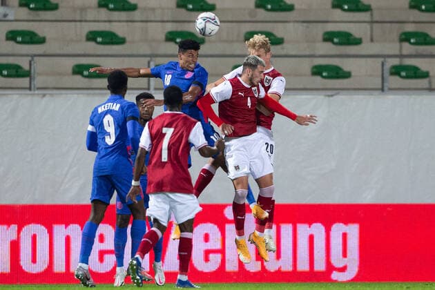 SOCCER - UEFA U21, U 21 EURO Quali, AUT vs ENG RIED,AUSTRIA,08.SEP.20 - SOCCER - UEFA Under-21 European Championship, EM, Europameisterschaft qualification, OEFB international match, Länderspiel, Nationalmannschaft Austria vs England. Image shows James Justin (ENG), Dario Maresic and Christoph Klarer (AUT). GEPAxpictures xManfredxBinder