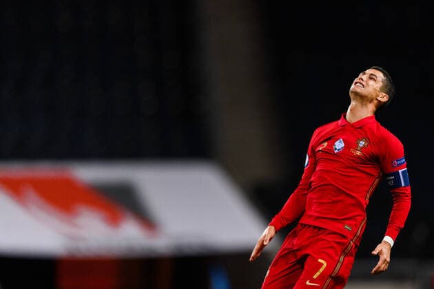 200908 Cristiano Ronaldo of Portugal looks dejected during the Nations League football match between Sweden and Portugal on September 8, 2020 in Stockholm Photo Joel Marklund BILDBYRAN kod JM JM0020 bbeng fotboll football soccer fotball nations league landskamp sverige sweden sverige a portugal depp,  Copyright: JOELxMARKLUND BB200908JM029