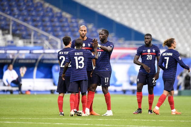 JOIE - FAIR PLAY - 17 MOUSSA SISSOKO (FRA) - 15 STEVEN NZONZI (FRA) FOOTBALL : France vs Croatie - Ligue des Nations - 08 09 2020 FEP Panoramic 