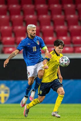 200908 Patrick Cutrone of Italy and Eric Kahl of Sweden during the UEFA European Under 21 Qualifier football match between Sweden and Italy on September 8, 2020 in Kalmar Photo Petter Arvidson BILDBYRAN kod PA PA0058 fotball football fotboll soccer european under 21 qualifier em kval u21 sverige sweden italy italy uefa euro under 21 qualifier,  Copyright: PETTERxARVIDSON BB200908PA188