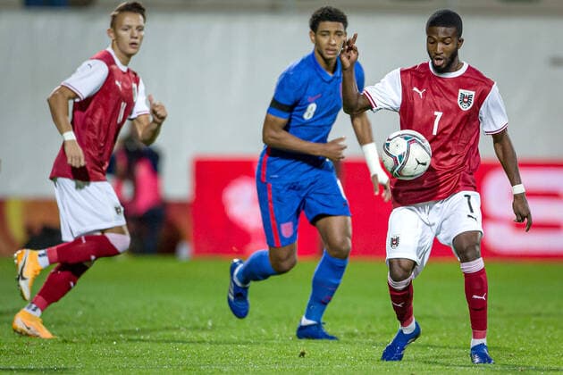 SOCCER - UEFA U21, U 21 EURO Quali, AUT vs ENG RIED,AUSTRIA,08.SEP.20 - SOCCER - UEFA Under-21 European Championship, EM, Europameisterschaft qualification, OEFB international match, Länderspiel, Nationalmannschaft Austria vs England. Image shows Hannes Wolf (AUT), Jude Bellingham (ENG) and Kevin Arase (AUT). GEPAxpictures xManfredxBinder