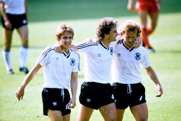 VOELLER Rudi Team Germany Cheers after his goal with MEIER and BREHME UEFA European Football Championship 1984 in France Preliminary rounds match Germany Romania 2 1 on 17 06 1984 in Lens