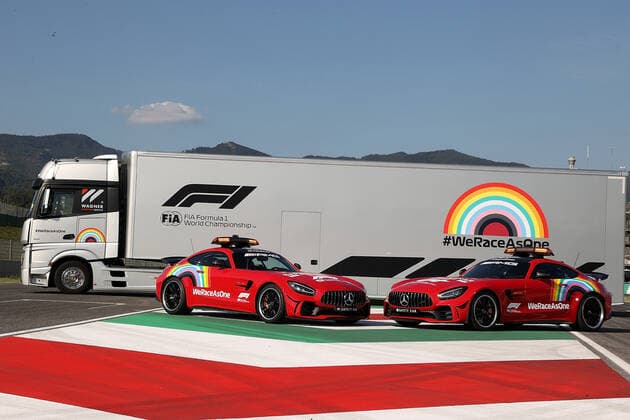 Formula 1 Pirelli Gran Premio Della Toscana Ferrari 1000 2020 09 09 2020, Autodromo Internazionale del Mugello, Mugello, Formula 1 Pirelli Gran Premio Della Toscana Ferrari 1000 2020,in the picture Out of respect for the great Ferrari anniversary, Mercedes is colouring Bernd Mayländers Safety Car The Mercedes AMG GT R is Ferrari red nordphotoxBratic nph00250